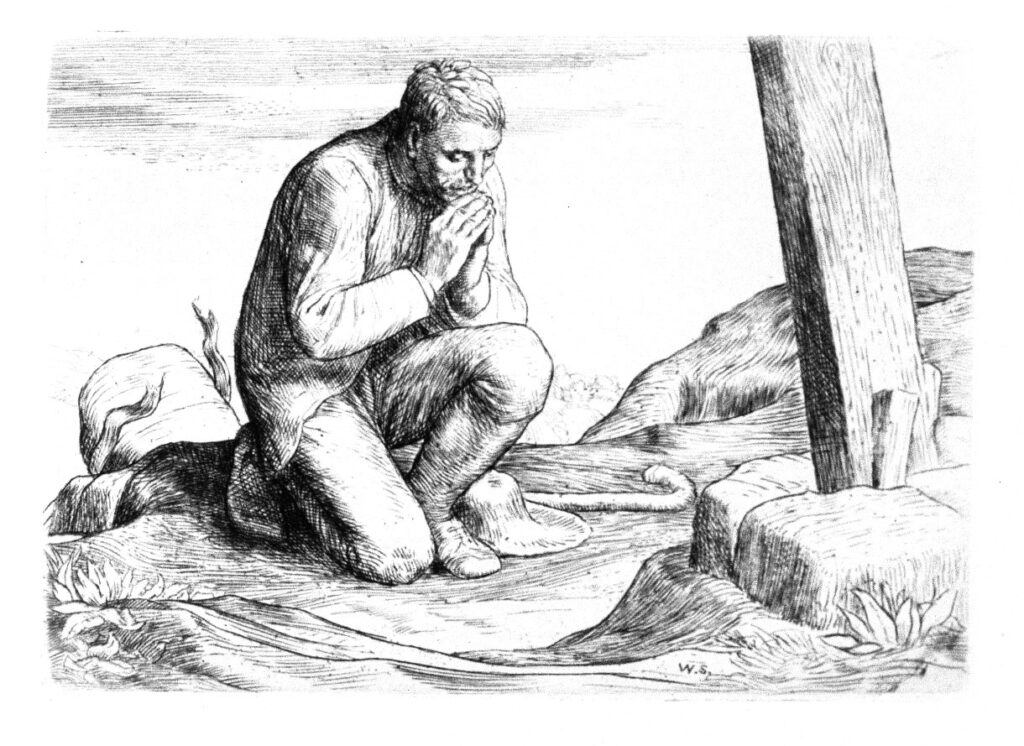Komen tot Jezus (John Bunyan). Christen knielt bij het kruis, zijn zondenpak valt af.